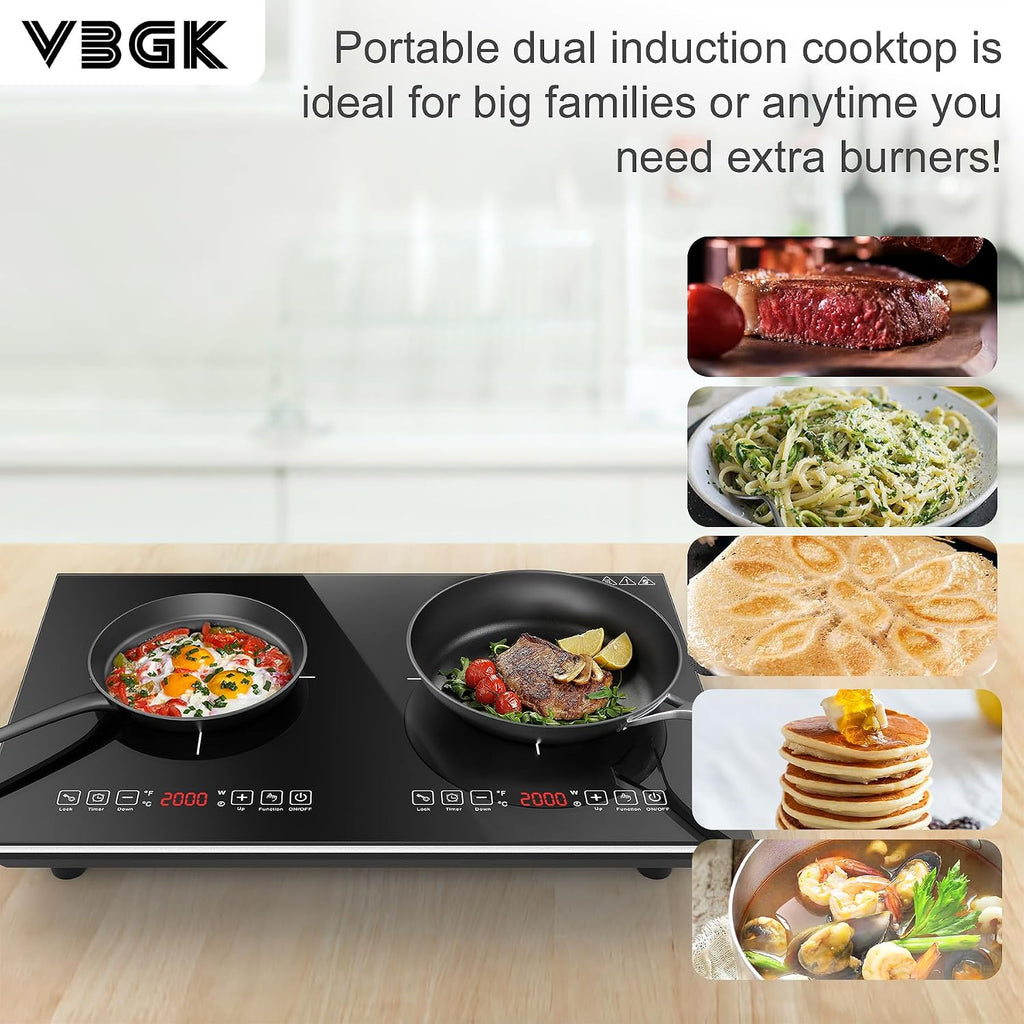 VBGK Double Induction Cooktop,110V 4000W Electric burner,2 burner Hot Plate LED Sensor Touch Energy-Saving induction stove top with Child Safety Lock & Timer 2 burner induction cooktop