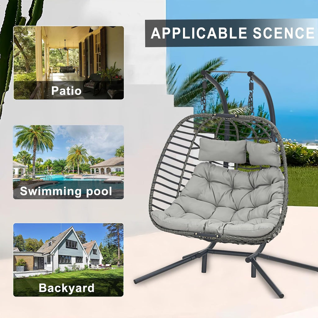 Indoor Outdoor Patio Wicker Hanging Chair Swing Chair Patio Egg Chair UV Resistant Cushion Aluminum Frame (Light Grey with 2 seat)
