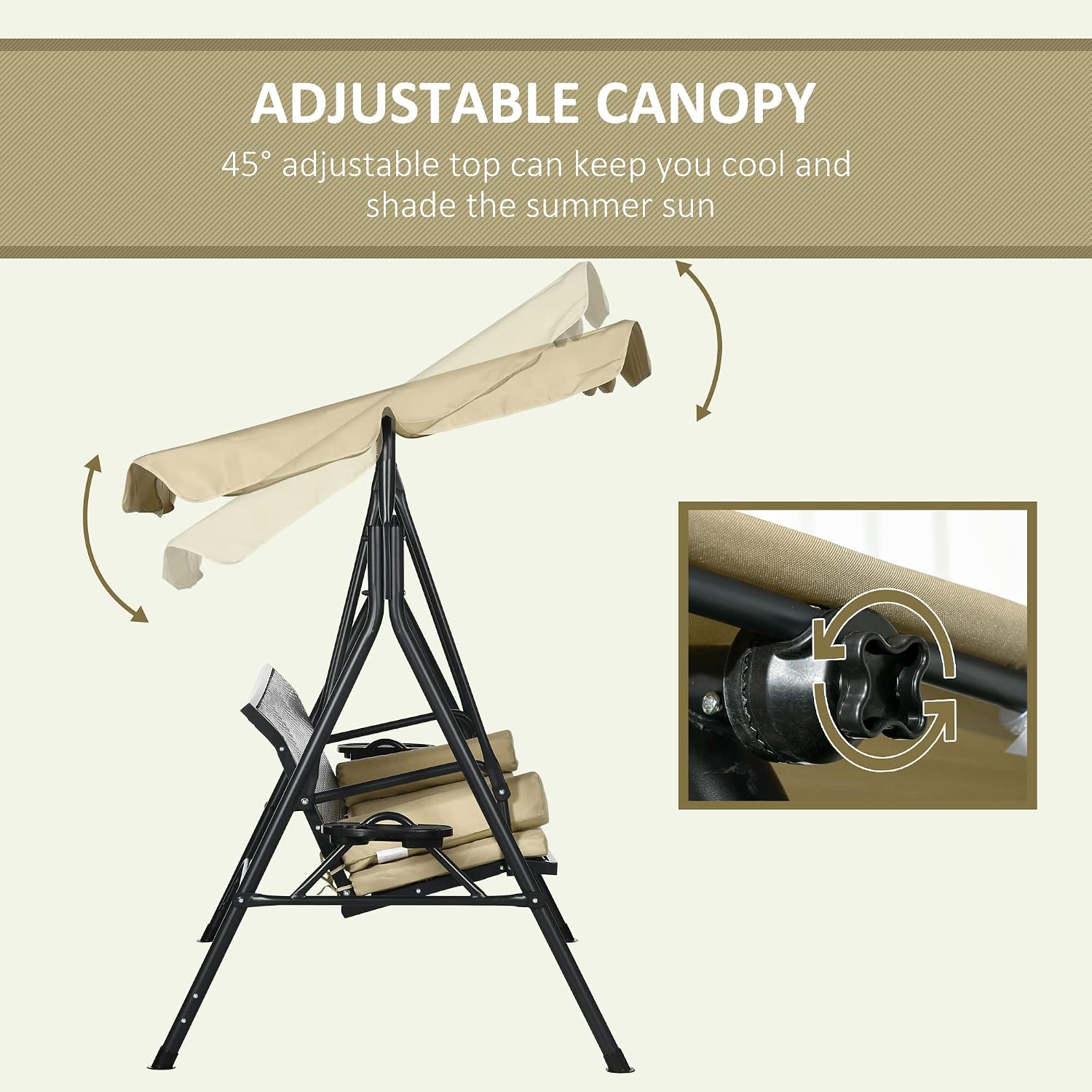 Outsunny 3-Seat Patio Swing Chair, Swing Bench for Outside w/Adjustable Shade, Removable Cushion and Rattan Seat, for Garden, Porch, Backyard, Poolside