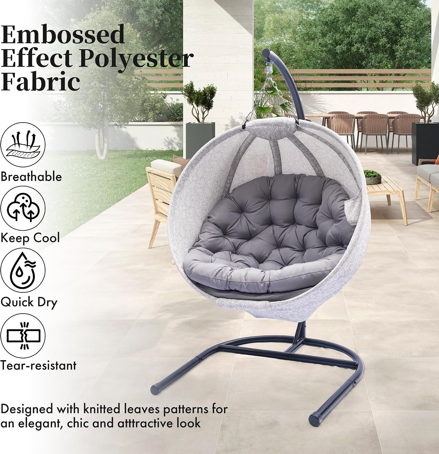 Hanging Egg Chair with Stand - Hanging Ball Chair W/Plush Cushions,Weather-Resistant Fabric, Indoor Outdoor Foldable Swing Chair for Patio, Balcony, Yard & Living Room,(Gesar Flower Gray)