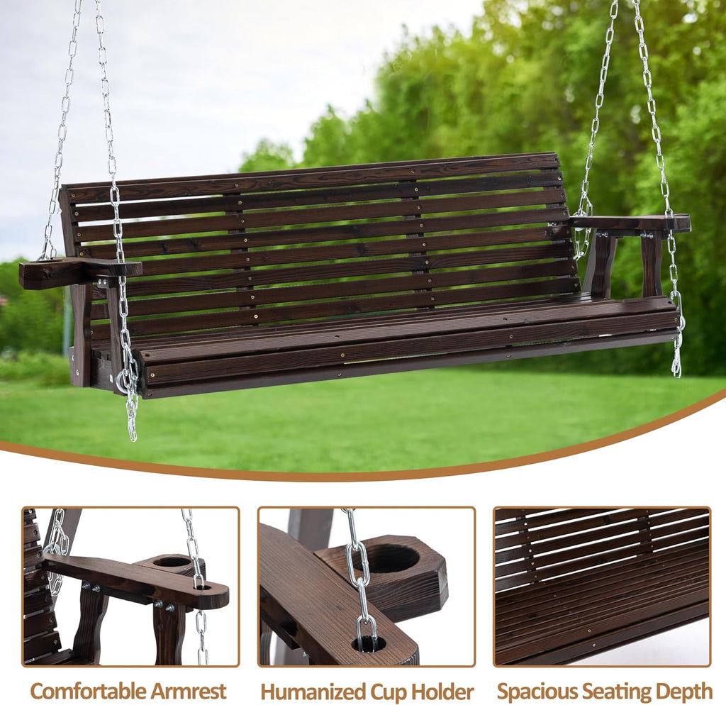 Finnhomy Fir Wooden Hanging Porch Swing Beach with Cupholders and Hanging Chains, 880 LBS Weight Capacity with 5 ft. Seat Width, for Outdoor Patio Garden Backyard(Rustic,Swing)