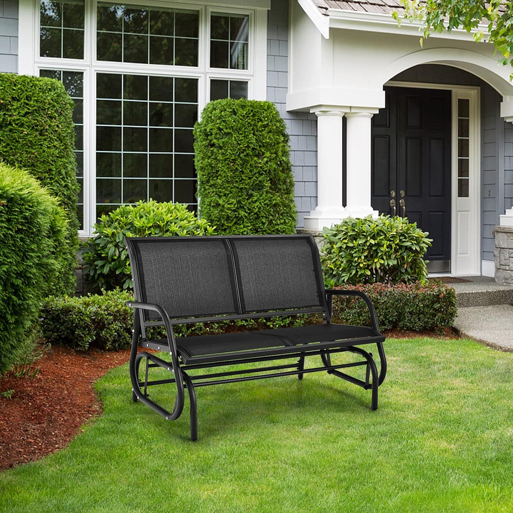 Tangkula 2 Person Patio Glider, Outdoor Swing Bench Rocker Glider Loveseat Chair with Heavy-Duty Steel Frame, Breathable Seat Fabric, Rocking Lounge Chair for Poolside, Garden, Backyard, Porch (Black)