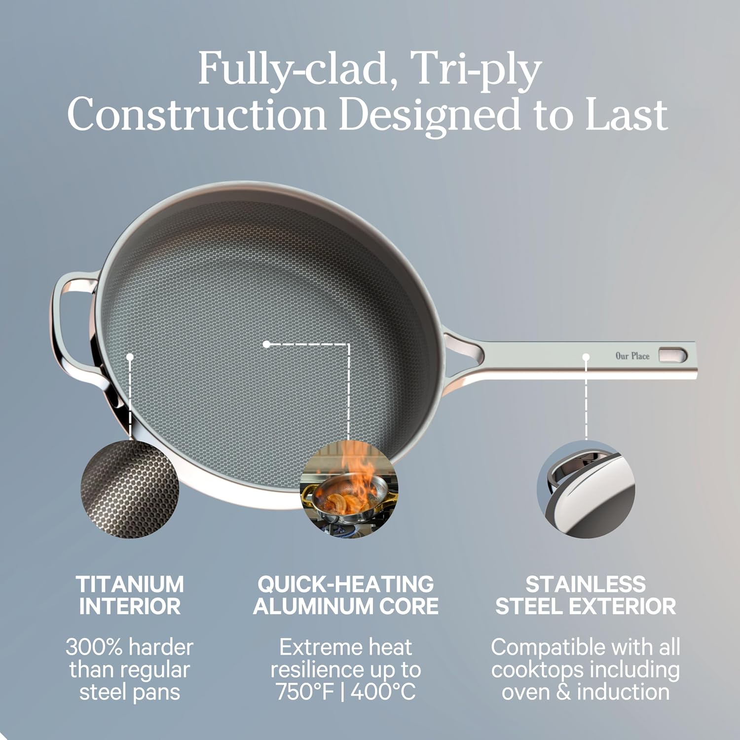 Our Place Titanium Always Pan Pro - 10.6' (2.8 Qt) No-Coating Nonstick Skillet | Tri-Ply Titanium & Stainless Steel | Safe for Oven, Induction & All Cooktops up to 750°F | Includes Spatula | Gold
