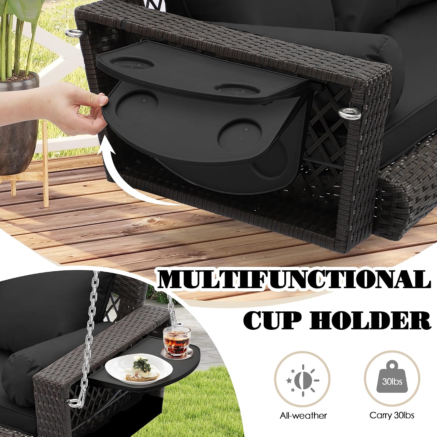 Grepatio 3 Person Porch Swing Patio Wicker Hanging Porch Swing Chair Outdoor Rattan Swing Bench with Cushion and Pillow for Garden, Yard, Lawn (Brown Rattan Black Cushion)