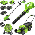 Greenworks 48V (24V x 2) Lawn Mower Combo Kit with 21' Steel Deck, 12' String Trimmer, 320 CFM Blower, 10' Fan (500 CFM) – All-in-One Cordless Combo: Ideal for Home Yard Work & Indoor Cleaning