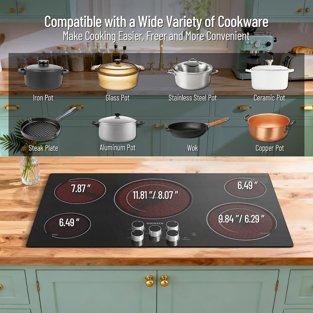 Electric Cooktop 36 Inch 240V,Built-in Electric Stove Top 5 Burners,Knob & Touch Control,9 Power Levels, 500W Warmer,Multiple Safety Protection,Dual-ring Burner,9000W,Hard Wire