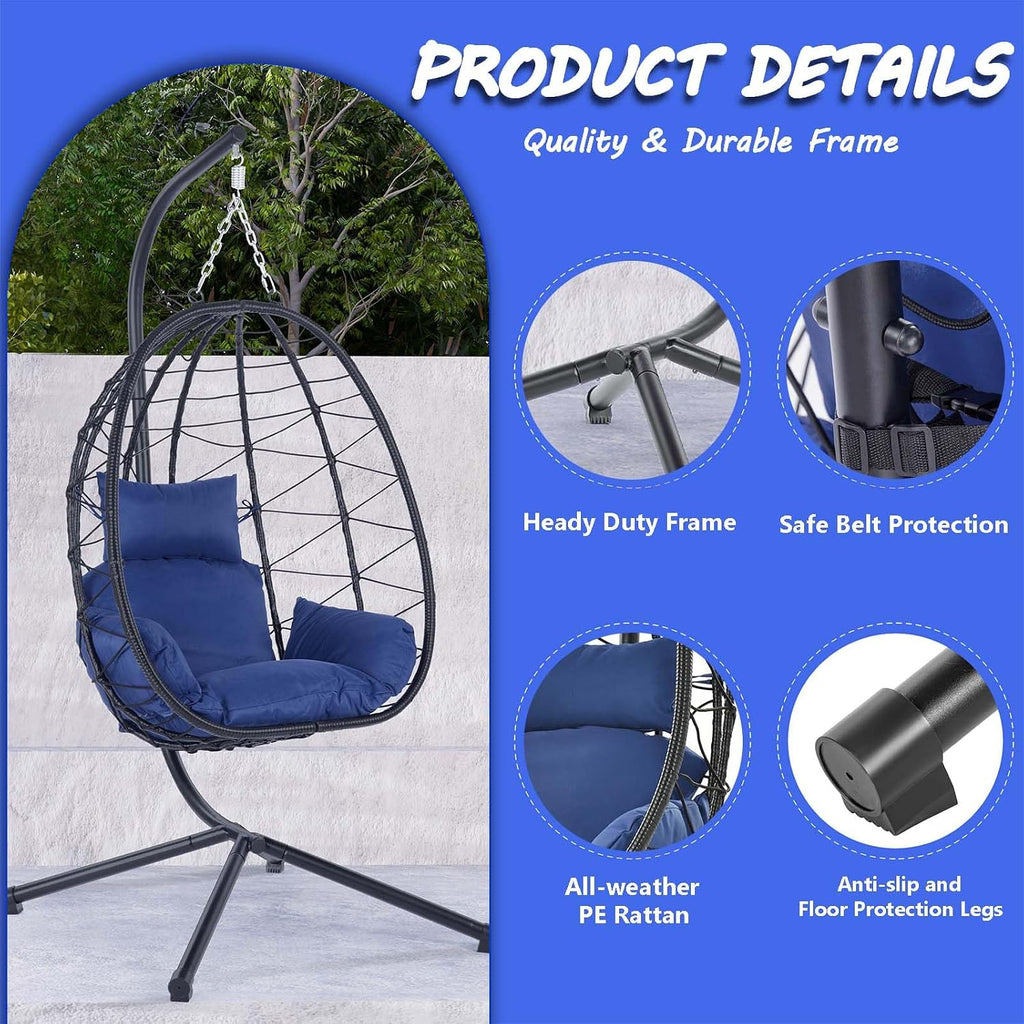 Hanging Egg Chair with Stand, Black Wicker Rattan Swing Egg Chair, Indoor Outdoor Swing Chair for Patio Balcony Porch Bedroom, 350 LBS Capacity (Navy Blue)