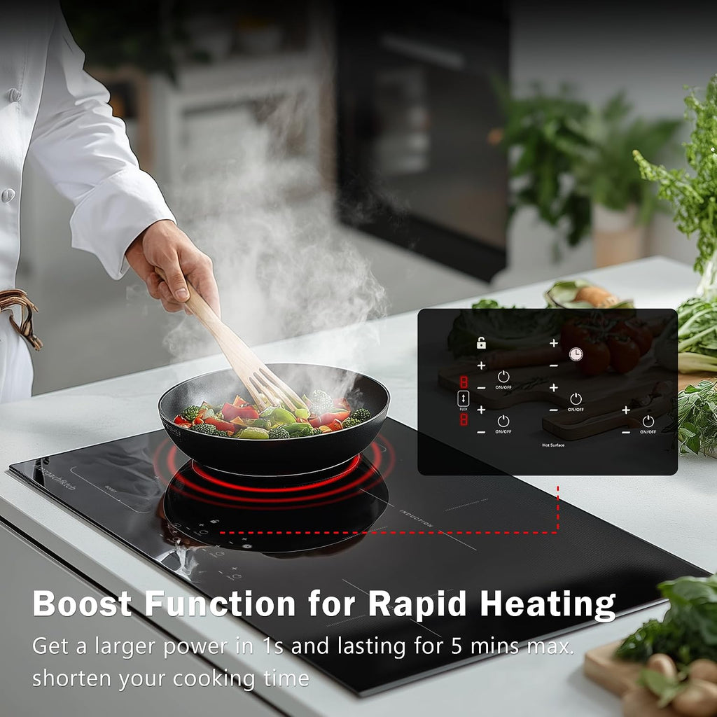 30 Inch Induction Cooktop - 4 Burner Built-In Electric Stove with Bridge-SYNC, Booster, Timer & Child Lock | 9000W 220-240V Hardwired, Black Glass Top