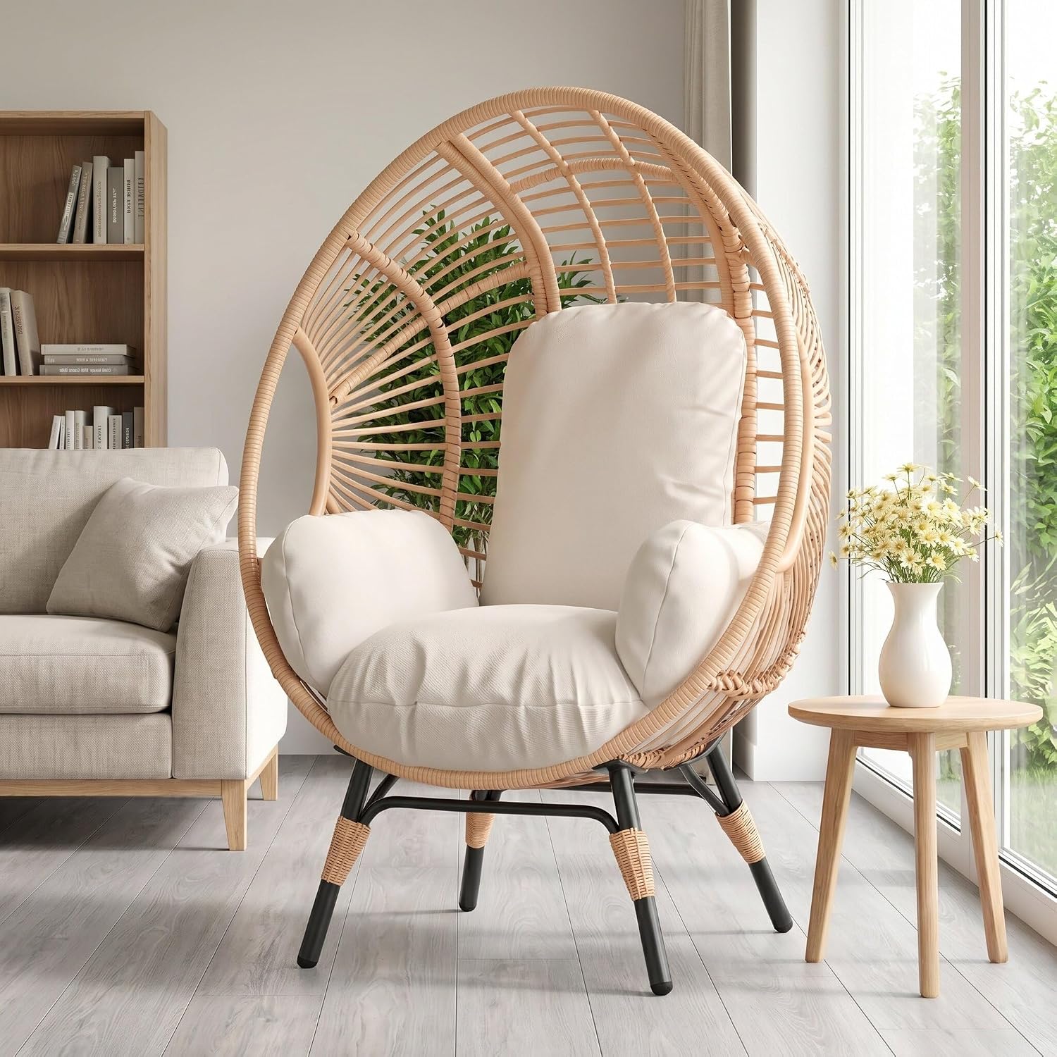 2 Person Oversized Wicker Egg Chair with Table Outdoor,Patio Lounge Chair with Thicken Cushions & Durable Steel Frame, Egg Basket Chair 500lbs Capacity for Garden, Backyard, Porch,Bedroom