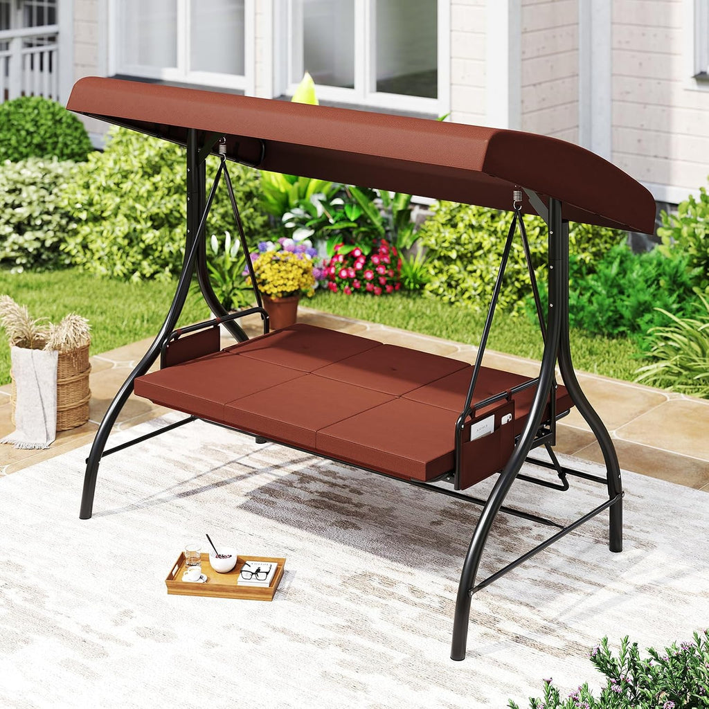 Tangkula 3 Person Porch Swing, 2-in-1 Convertible Outdoor Swing with Adjustable Canopy, Removable Cushions, Metal Frame, Side Pockets for Backyard, Garden, Porch (Brown)