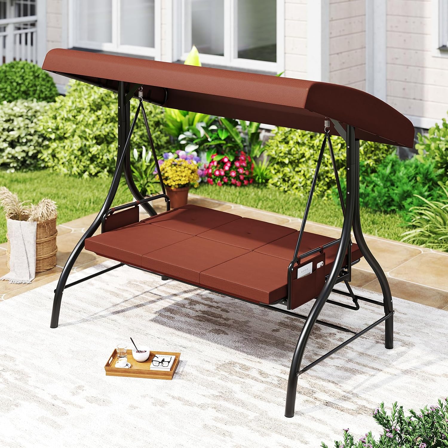 Tangkula 3 Person Porch Swing, 2-in-1 Convertible Outdoor Swing with Adjustable Canopy, Removable Cushions, Metal Frame, Side Pockets for Backyard, Garden, Porch (Brown)