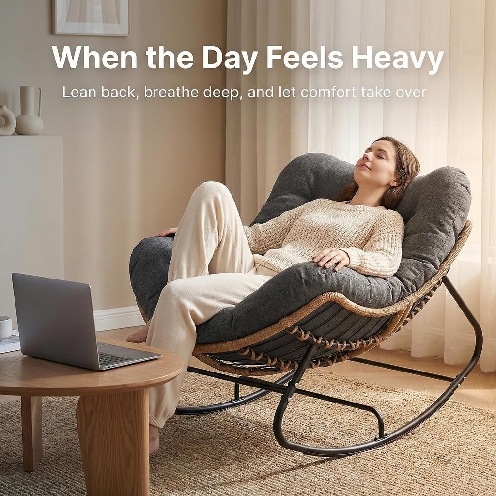 Oversized Papasan Rocking Chair Outdoor, Comfy Wicker Patio Papasan Egg Rocker with Thick Cushion for 450 lbs, Indoor Lounge Reading Chair for Living Room, Porch, Garden, Balcony-Dark Gray