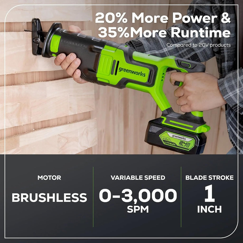 Greenworks 48V (24V x 2) Lawn Mower Combo Kit with 20' Push Mower, 12' String Trimmer, 320 CFM Blower, and Brushless 1/2' Drill Driver, and 1-1/8' Reciprocating Saw Ideal for Yard & Indoor