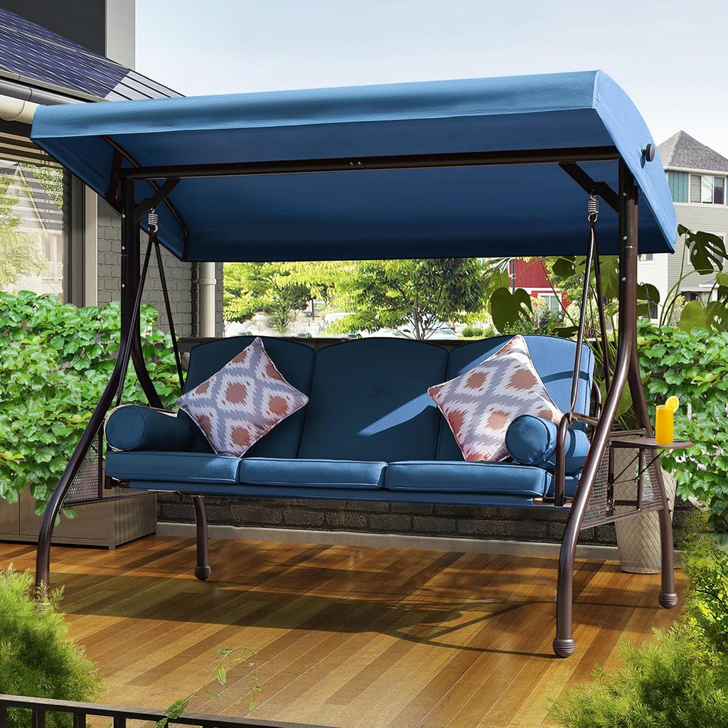 NOBLEMOOD Patio Porch Swing, 3-Seat Outdoor Swing with Adjustable Canopy, Waterproof Fabric Cushion, Pillow and Foldable Side Tray for Patio, Backyard, Porch Swing Bed for Spring