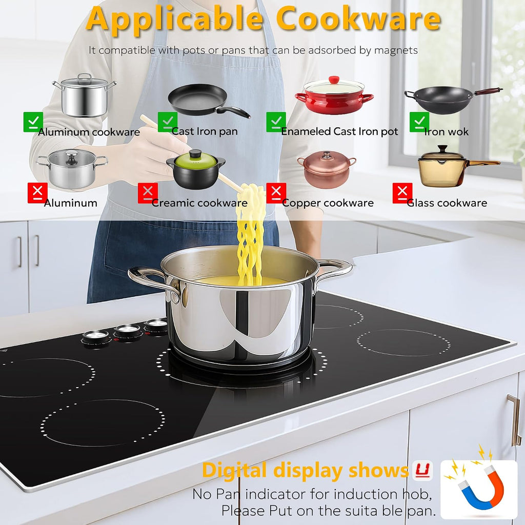 36 Inch Induction Cooktop, 5 Burner Electric Cooktop with 9 Power Levels, Knob Control, Auto shutdown and Residual Heat Warning, 9200W, 220-240V for Hard Wire