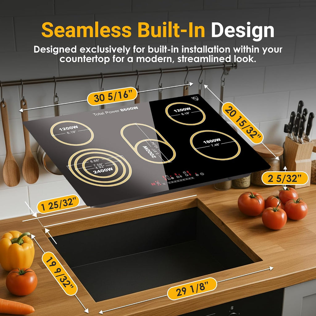 K&H 5 Burner Electric Cooktop - 30 Inch Built-In Radiant Ceramic Stove Top - 9 Power Levels & Touch Control, Compatible with All Cookware, 240V, 8600W High-Power Built-in Electric Stove, CE30-8608