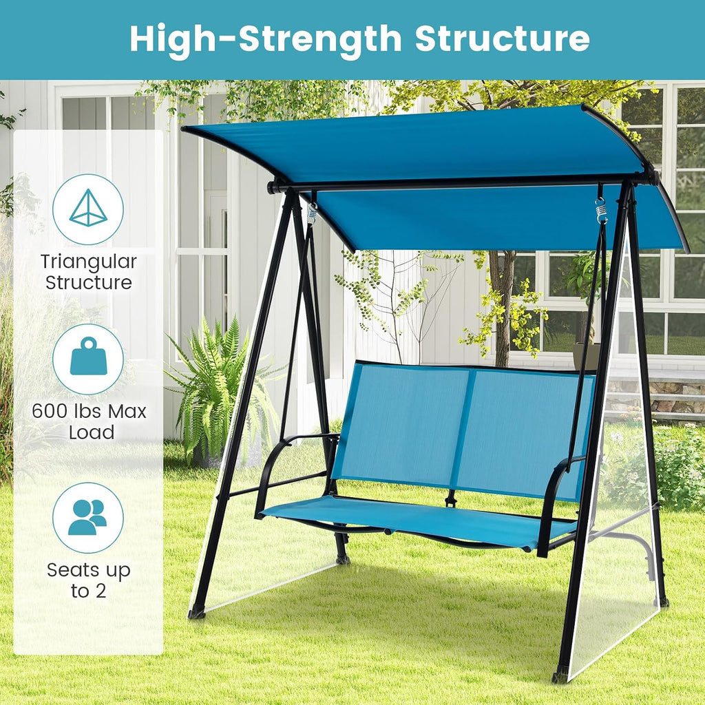HAPPYGRILL Outdoor Patio Swing for 2 Person, Porch Swing Chair w/Adjustable Canopy, Heavy-Duty Metal Frame, Breathable Seat Fabric, Patio Loveseat Swing for Backyard, Balcony, Poolside
