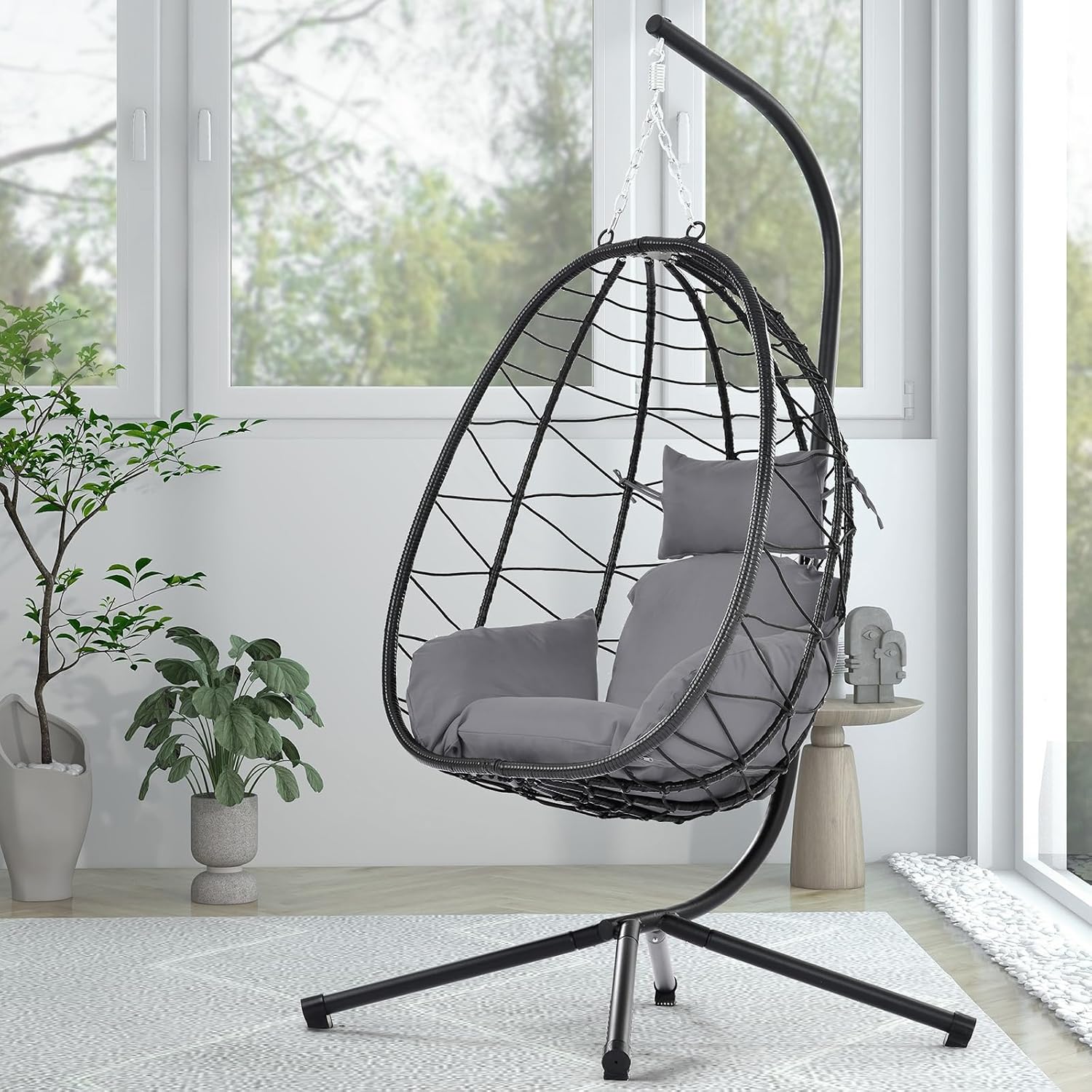 Hanging Egg Chair with Stand, Black Wicker Rattan Swing Egg Chair, Indoor Outdoor Swing Chair for Patio Balcony Porch Bedroom, 350 LBS Capacity (Dark Gray)