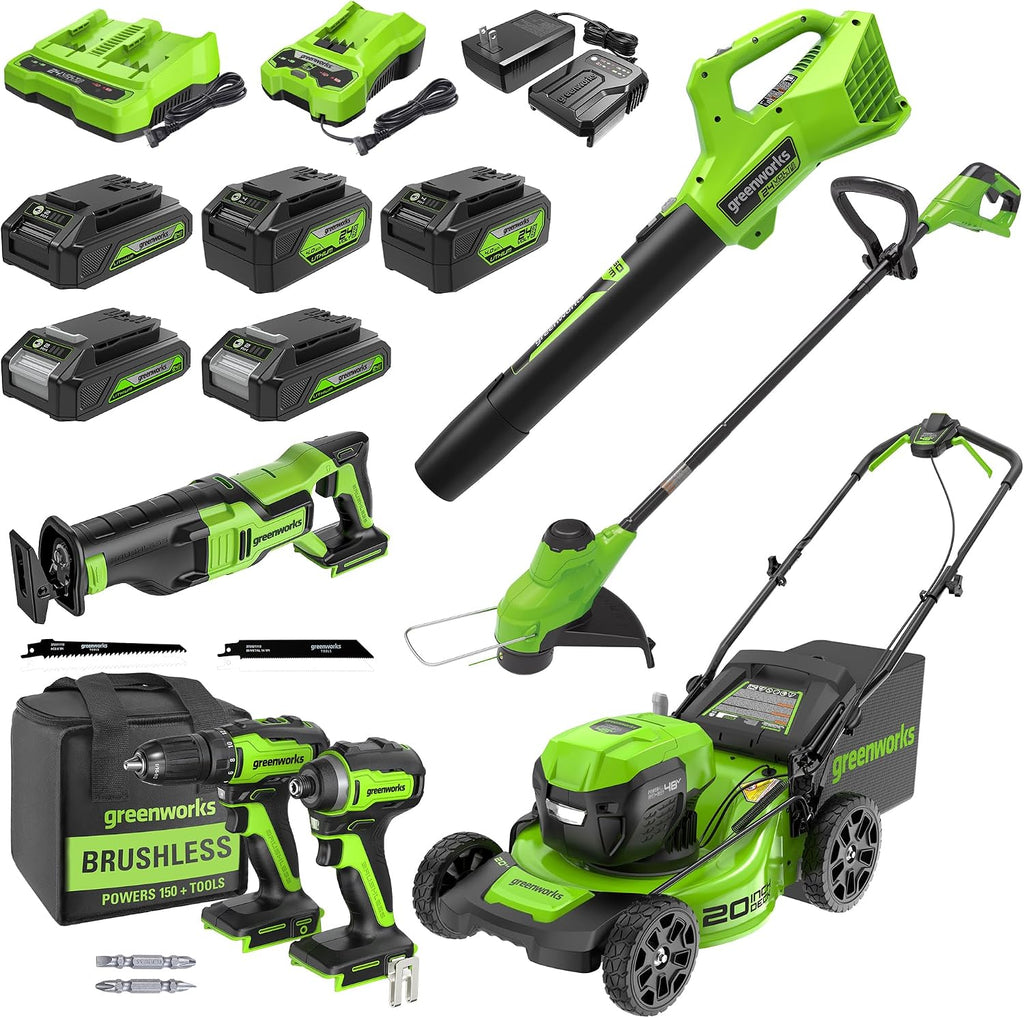 Greenworks 48V (24V x 2) Electric Lawn Mower Combo Kit - 20' Mower, 12' String Trimmer, 320 CFM Blower, 1/2' Drill, 1/4' Impact Driver, 1-1/8' Reciprocating Saw - 5 Batteries, 3 Chargers