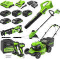 Greenworks 48V (24V x 2) Electric Lawn Mower Combo Kit - 20' Mower, 12' String Trimmer, 320 CFM Blower, 1/2' Drill, 1/4' Impact Driver, 1-1/8' Reciprocating Saw - 5 Batteries, 3 Chargers