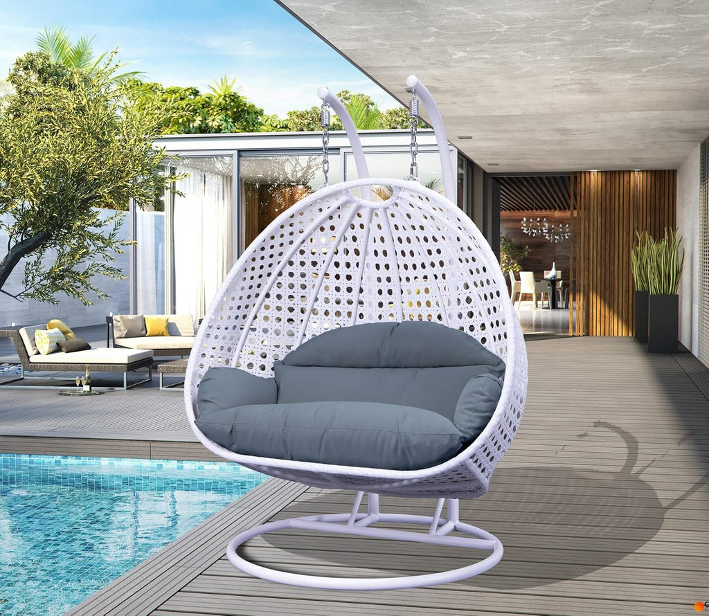 LeisureMod 2 Person Hanging Egg Chair, Indoor Outdoor Patio Lounge Swing with White Stand & UV-Resistant Cushions, Hammock Chair for Bedroom & Garden, Charcoal Blue