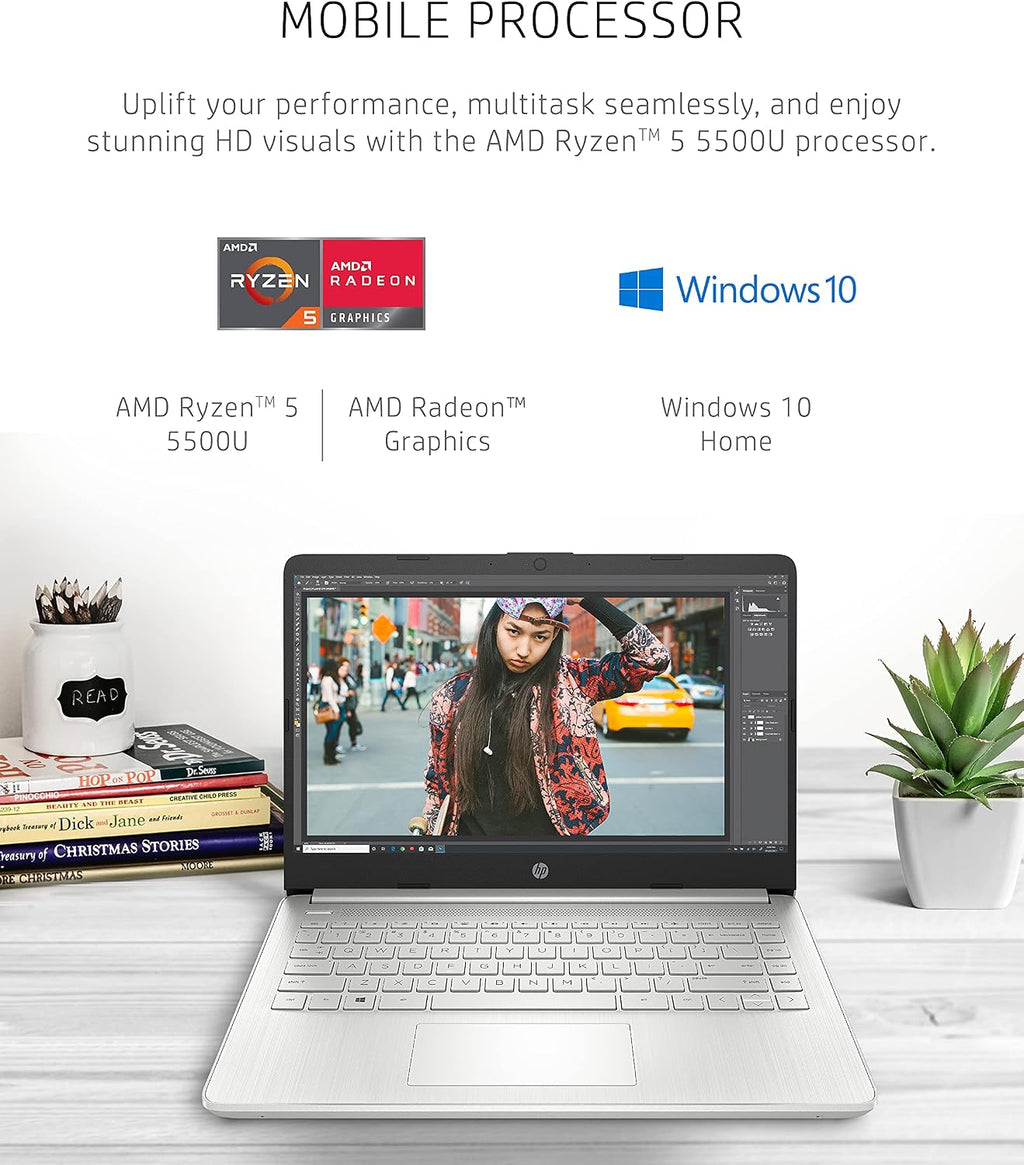 HP 14 Laptop, AMD Ryzen 5 5500U, 8 GB RAM, 256 GB SSD Storage, 14-inch Full HD Display, Windows 10 Home, Thin & Portable, Micro-Edge & Anti-Glare Screen, Long Battery Life (14-fq1021nr, 2021)