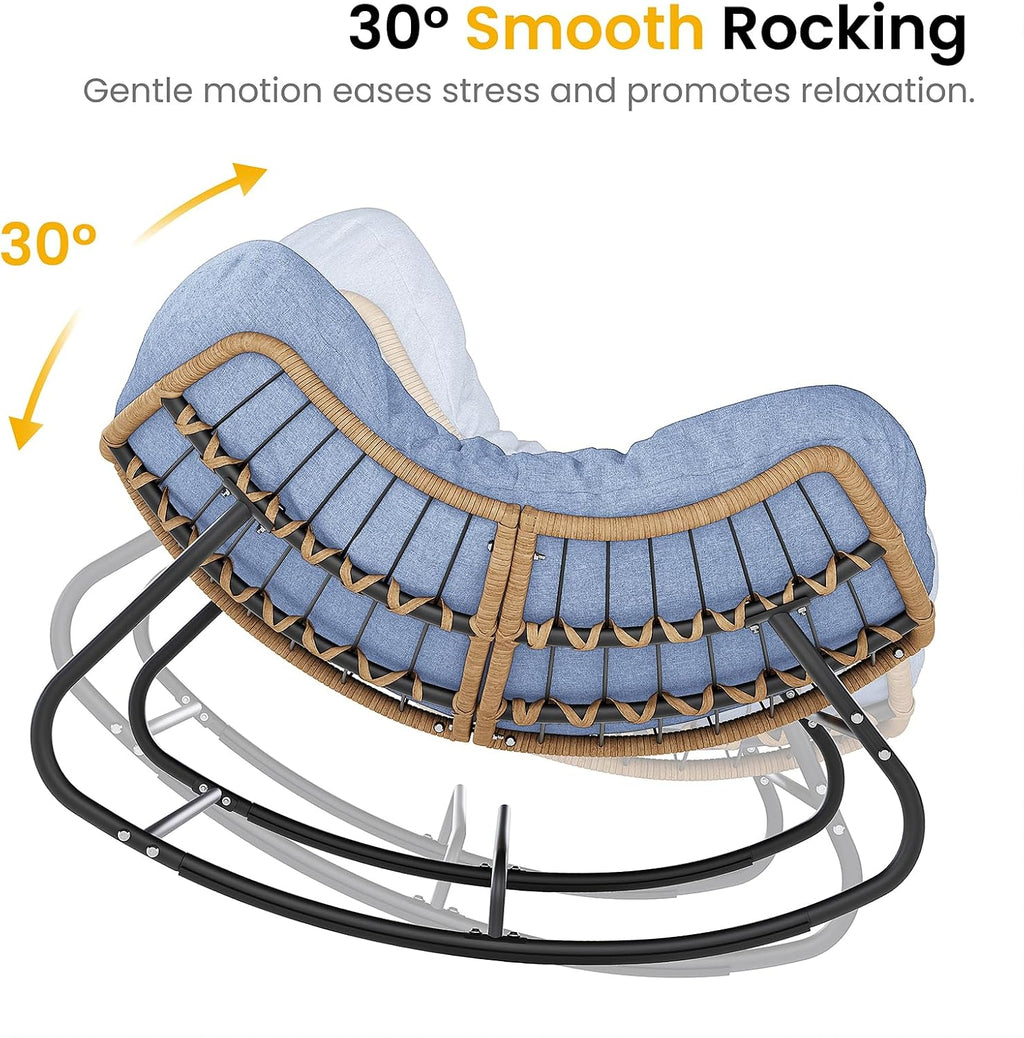 Oversized Papasan Rocking Chair Outdoor, Comfy Wicker Patio Papasan Egg Rocker with Thick Cushion for 450 lbs, Indoor Lounge Reading Chair for Living Room, Porch, Garden, Balcony, Bedroom-Blue