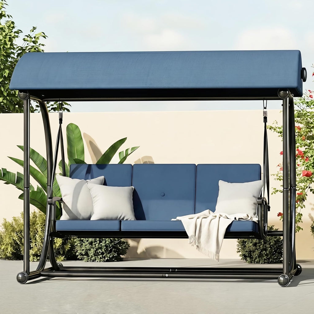 Outdoor Patio Swing Bed with Canopy, 3 Seat Porch Swing Chair for Adults, Heavy Duty Frame, Thick Cushions, Adjustable Backrest for Backyard Balcony Garden, Blue