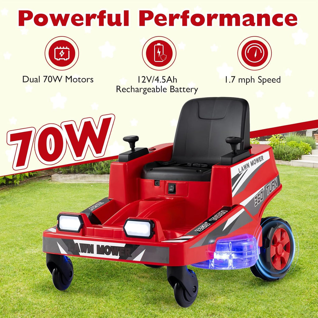 Costzon Ride on Lawn Mower for Kids, 12V Toddler Electric Car with 360° Twist and Turn, Dual Control Sticks, LED Lights, Outdoor Ride on Toy Gift for Boys & Girls Aged 3-8 (Red)