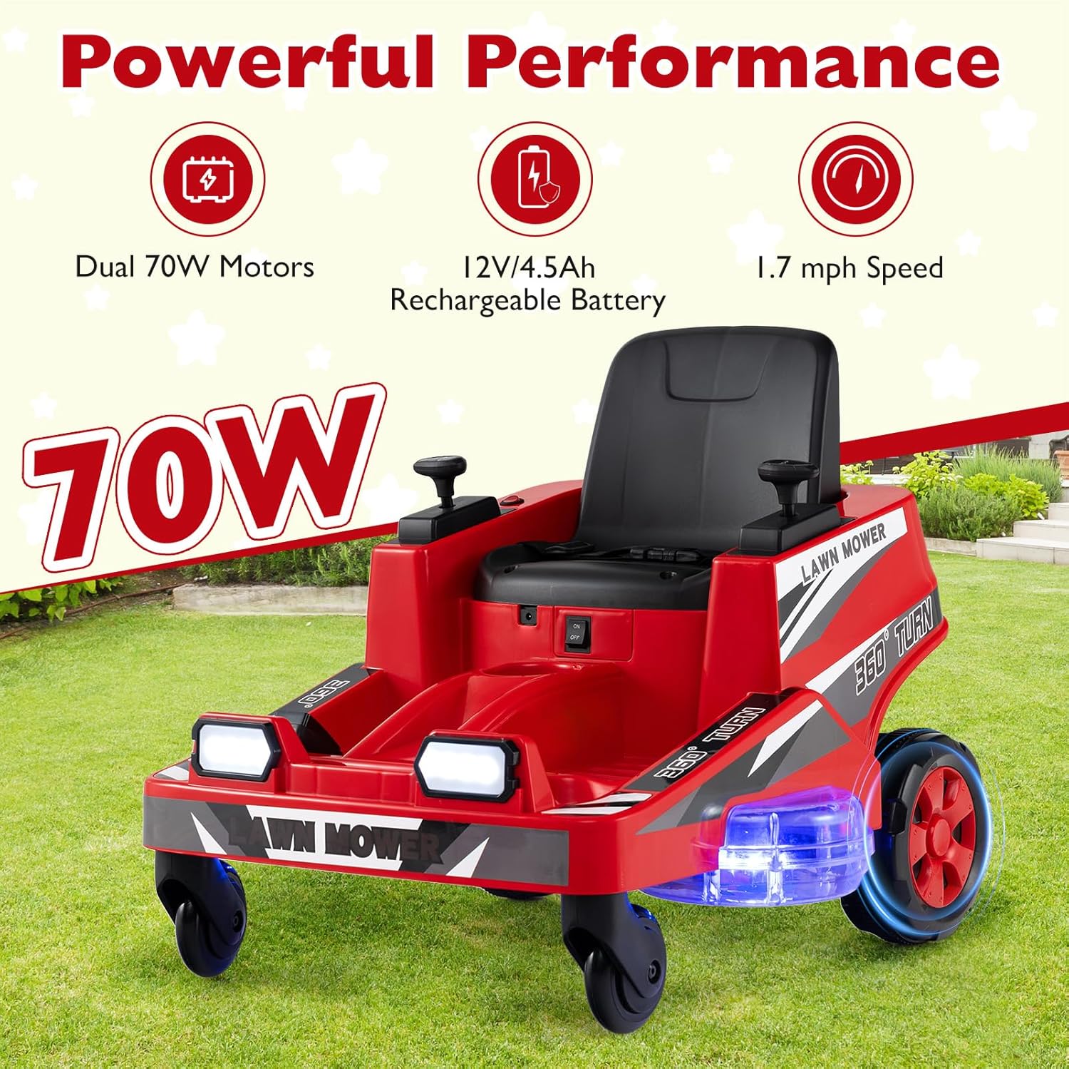 Costzon Ride on Lawn Mower for Kids, 12V Toddler Electric Car with 360° Twist and Turn, Dual Control Sticks, LED Lights, Outdoor Ride on Toy Gift for Boys & Girls Aged 3-8 (Red)