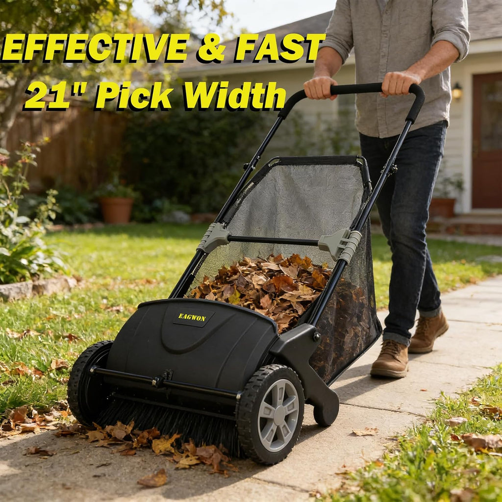 Push Lawn Sweeper, 21-Inch Width, 3.5 Cu. Ft. Hopper Capacity, 4 Spinning Brushes, Adjustable Height, Durable Steel Frame with Rubber Wheels, Black