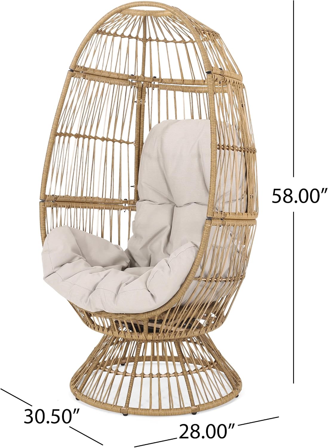 Wicker Egg Chair, Wicker Lounge Chair with Water Resistant Cushion, Indoor Outdoor Lounger for Patio, Backyard, Living Room (Natural)