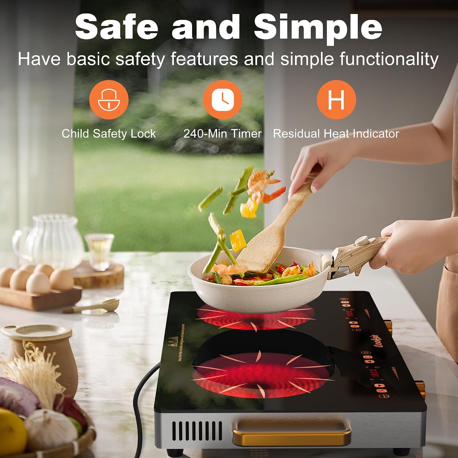 2 Burner Electric Cooktop - 24 Inch Portable Electric Stovetop 110V, 2000W Countertop Tow Burner Ceramic Cooktop with LCD Control Panel, Child Lock, Timer, Knob Control with Plug (Golden)