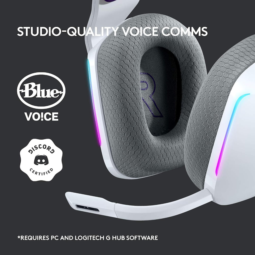Logitech G733 Lightspeed Wireless Gaming Headset with Suspension Headband, LIGHTSYNC RGB, Blue VO!CE mic Technology and PRO-G Audio Drivers - White