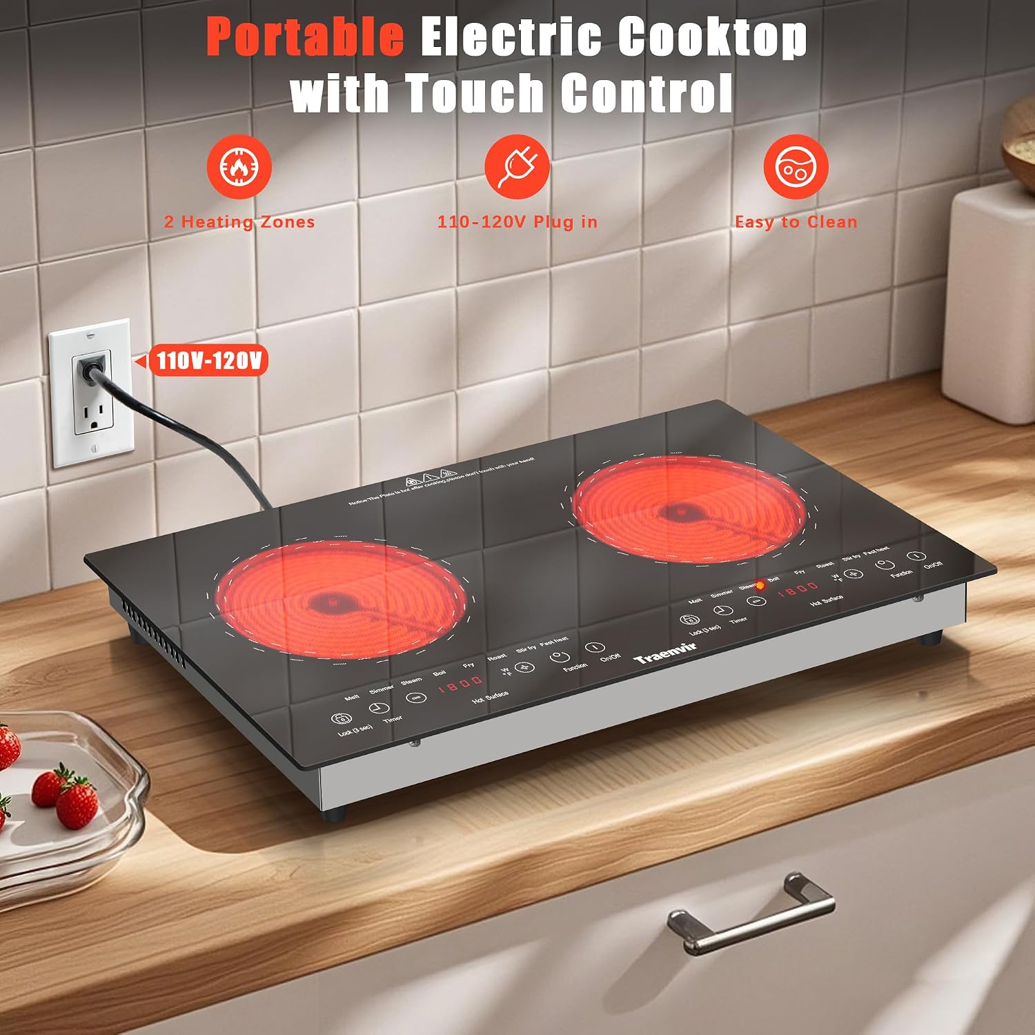 2 Burner Electric Cooktop, 24 Inch Countertop & Built-in Electric Stove 2000W, Portable Double Burner Ceramic Cooktop, Child Safety Lock, Timer, 8 Power Levels, 110V-120V Plug in