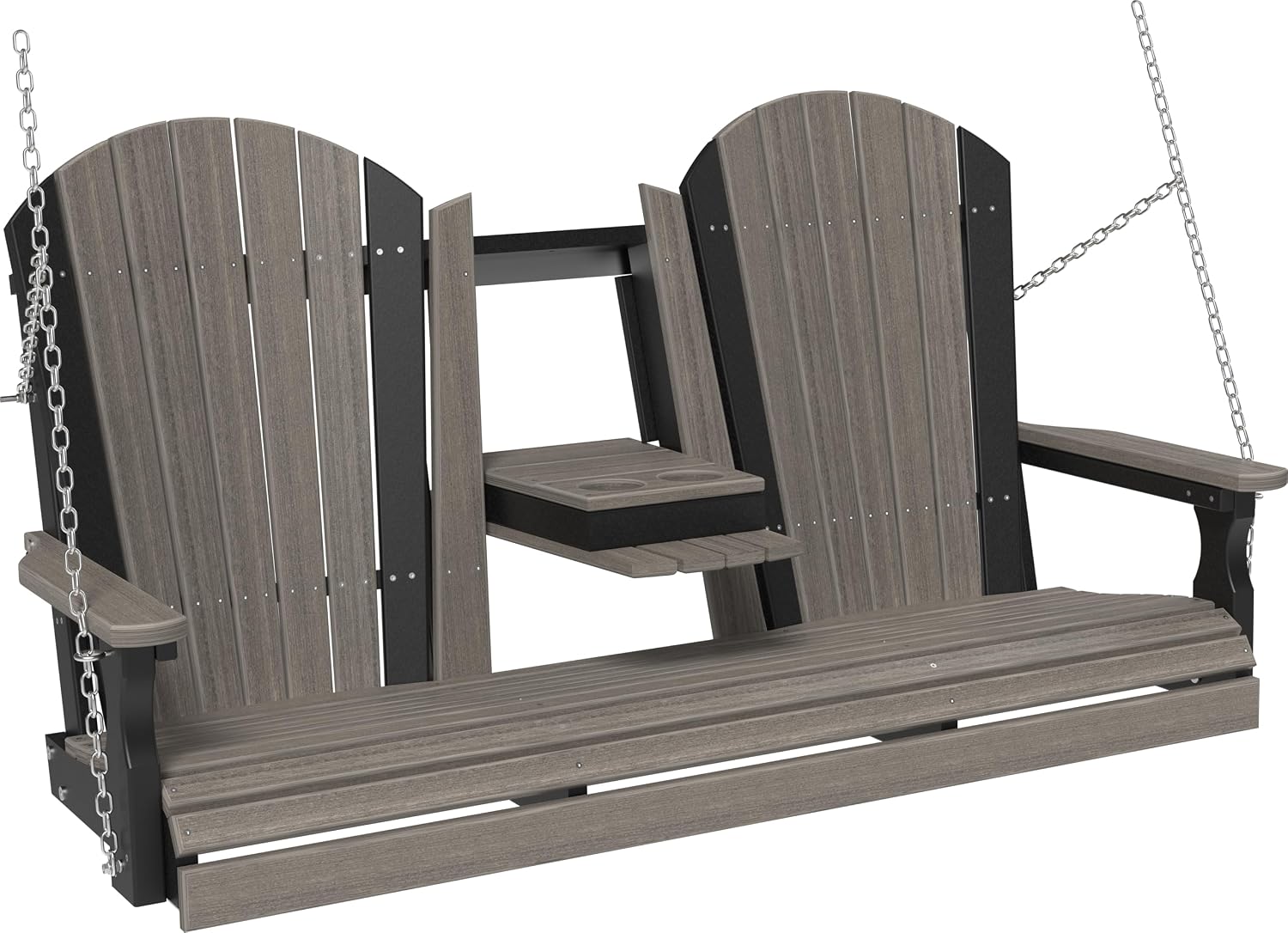 LuxCraft 5' Adirondack Hanging Front Porch Swing with Flip Down Console, Seats Up to 3, Outdoor Patio Swing Bench for Outside (Coastal Gray & Black)