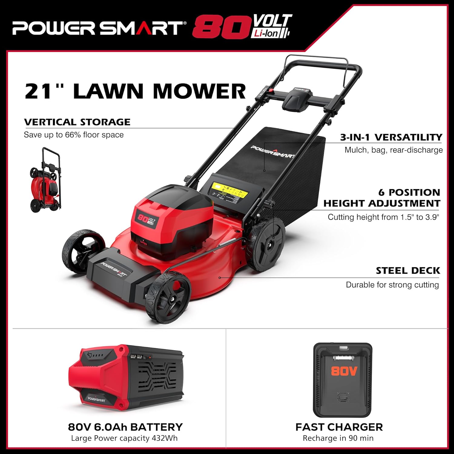 PowerSmart 80V MAX 21' Cordless Lawn Mower, 3-in-1 Brushless Electric Lawn Mower with 6.0Ah Lithium-ion Battery & Charger (PS76821)