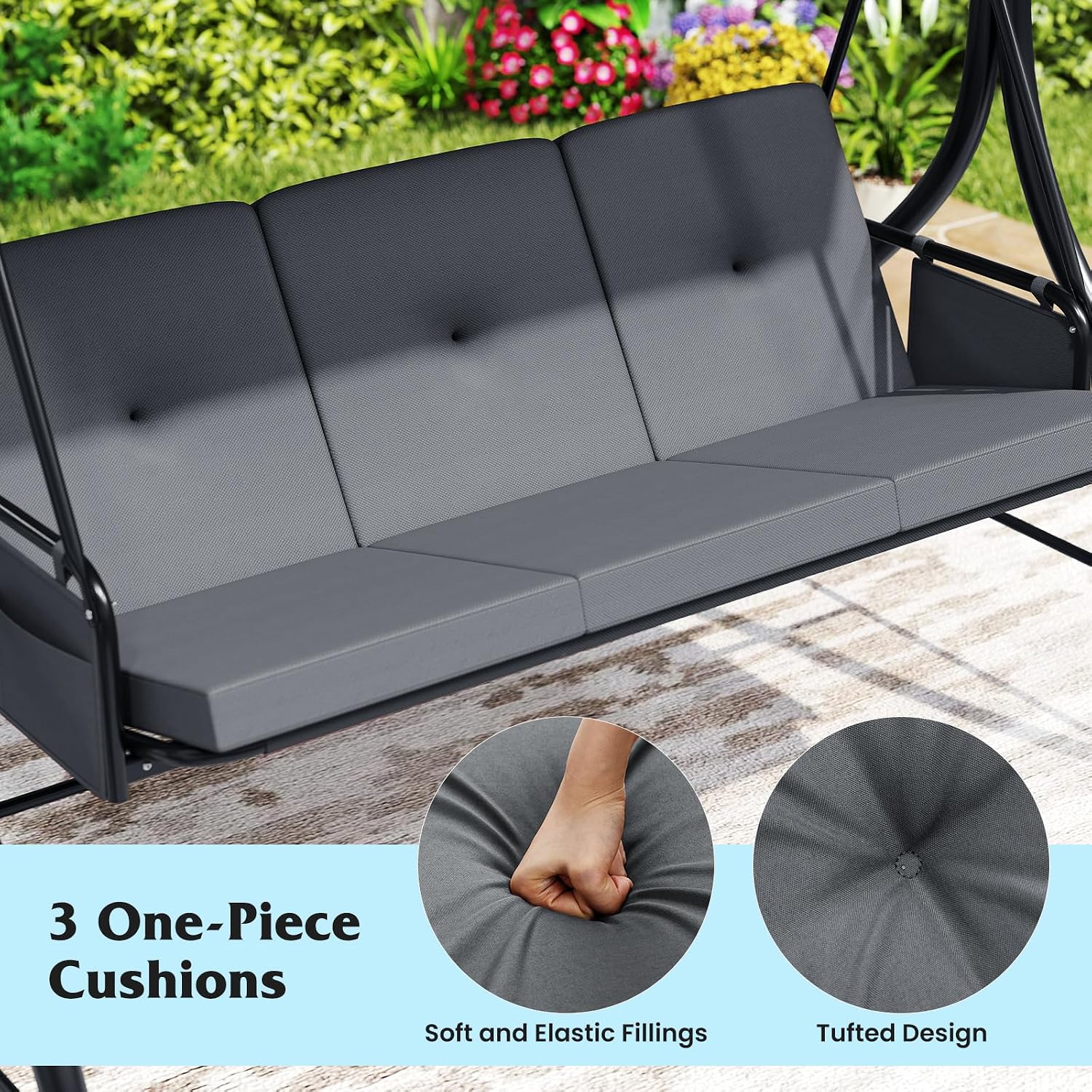 Tangkula 3 Person Porch Swing, 2-in-1 Convertible Outdoor Swing with Adjustable Canopy, Removable Cushions, Metal Frame, Side Pockets for Backyard, Garden, Porch (Gray)
