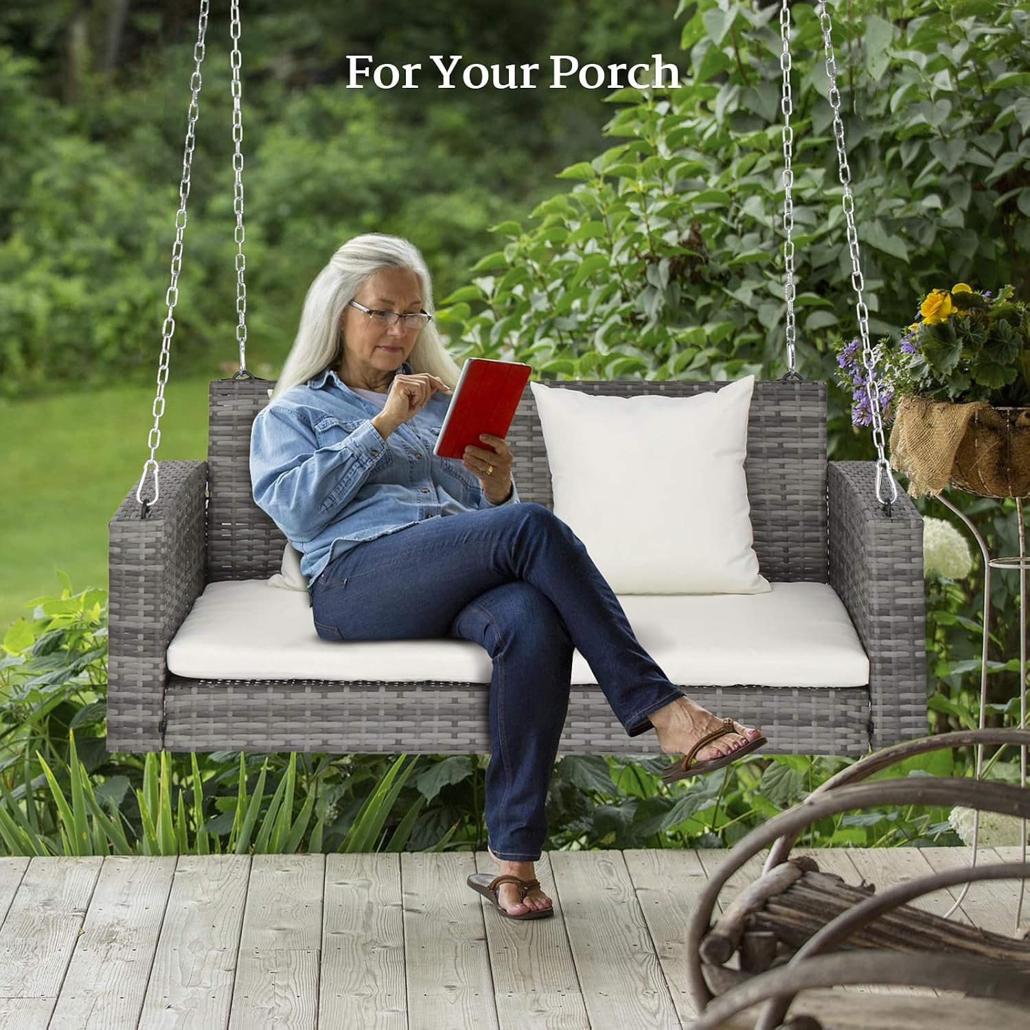 VINGLI Heavy Duty 800 LBS Wicker Hanging Porch Swing with Cushions & Chains, 4FT Outdoor Rattan Swing Bench for Garden, Yard, Lawn (Grey+White)