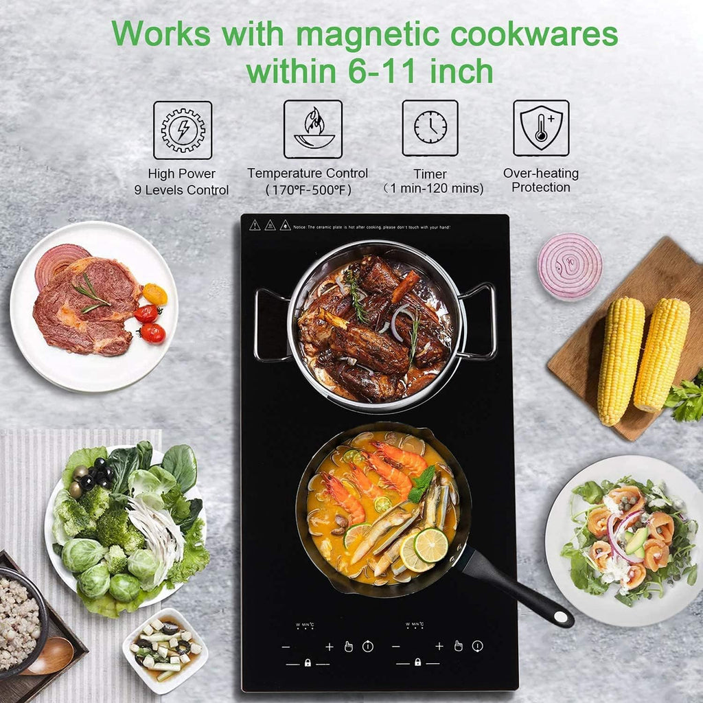 12' Induction Cooktop, Double Induction Cooktop 2 Burner 110v-120v Electric Stove Top, Countertop and Built-in, 9 Power Levels, Child Lock, 120 Mins Timer