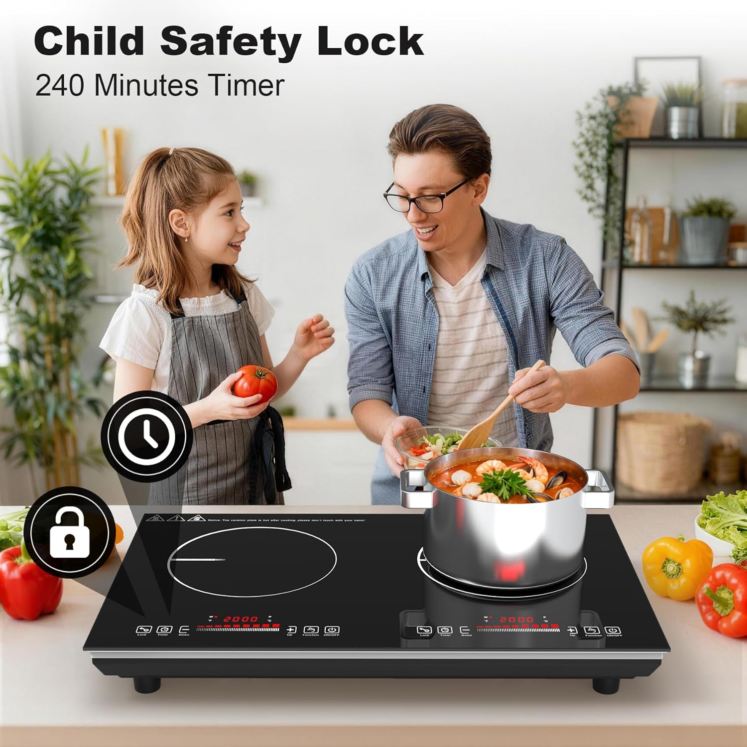 VBGK 2 burner Induction Hop,3600W Electric hob 2 burner with Knob Control,9 Power Levels, Kids Lock & Timer,LED touch control,double induction hop