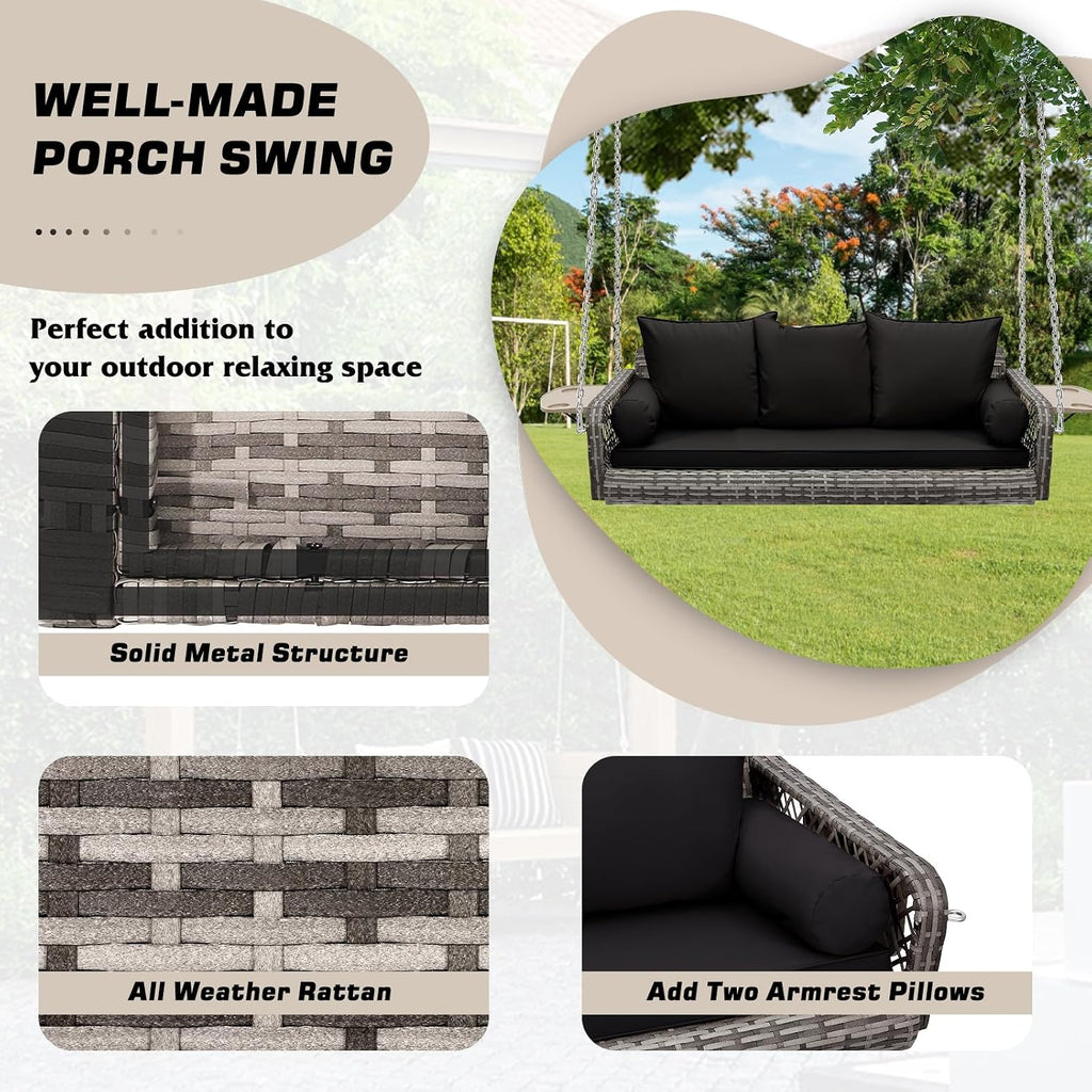 Grepatio 3 Person Porch Swing Patio Wicker Hanging Porch Swing Chair Outdoor Rattan Swing Bench with Cushion and Pillow for Garden, Yard, Lawn (Gray Rattan Black Cushion)