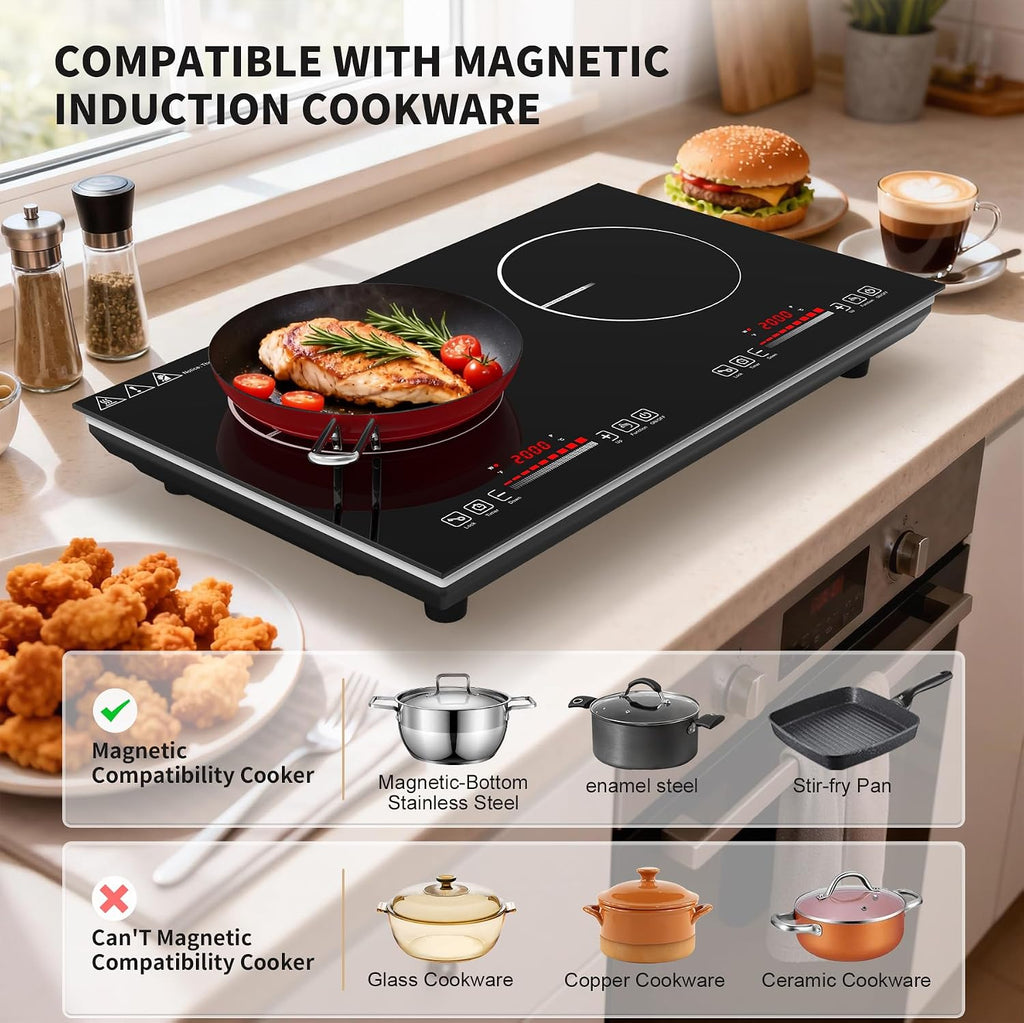 VBGK 2 burner Induction Hop,3600W Electric hob 2 burner with Knob Control,9 Power Levels, Kids Lock & Timer,LED touch control,double induction hop