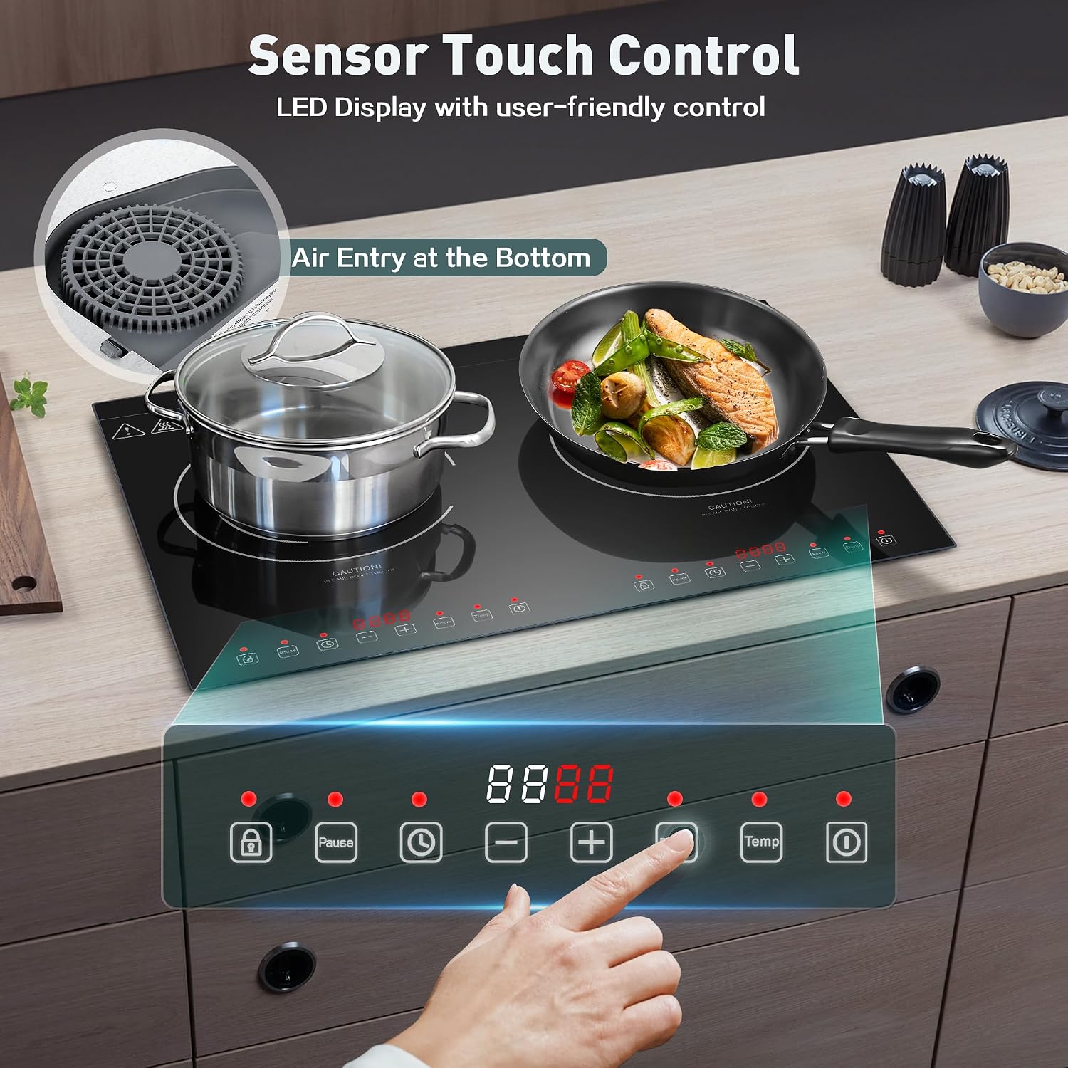 Induction Cooktop with 2 Burners, Horizontal Electric Stove, Built-In Induction Cooker, 1800W Sensor Touch Electric Cooktop, 9 Power Levels, Timer, Safety Lock, 120V, 20 Inch