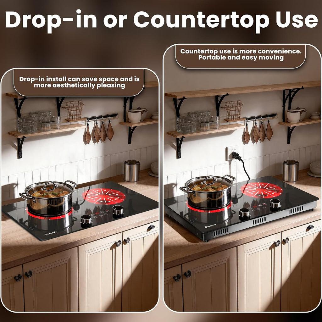 2 Burner Electric Cooktop 110V - 24 Inch(23.6'x 13.78') Ceramic Stove Countertop & Built-in(22'x 12.2'), 2000W Two Burner Cooktop with Touch & Knob Control, Timer, Safety Lock, 120V Plug in