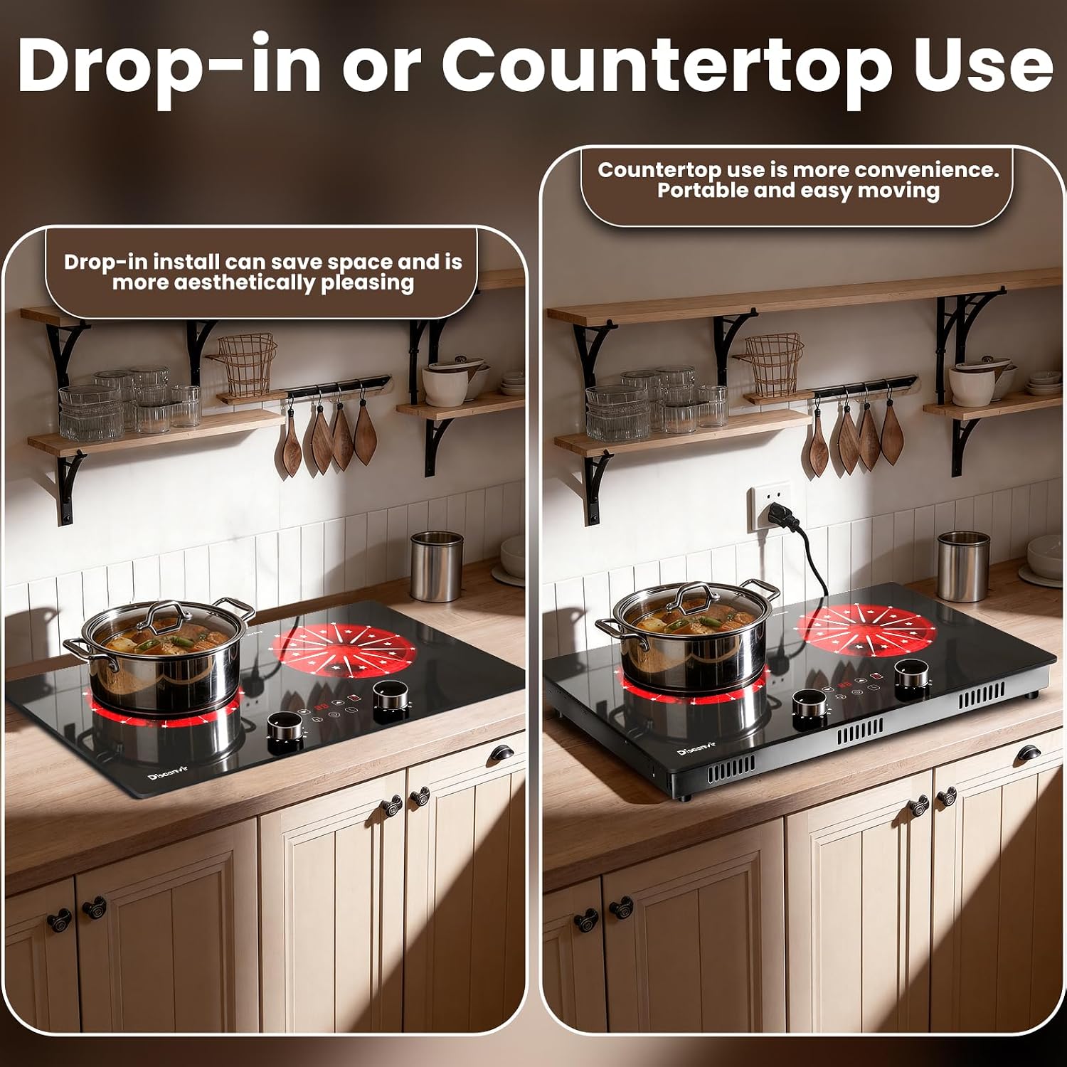 2 Burner Electric Cooktop 110V - 24 Inch(23.6'x 13.78') Ceramic Stove Countertop & Built-in(22'x 12.2'), 2000W Two Burner Cooktop with Touch & Knob Control, Timer, Safety Lock, 120V Plug in