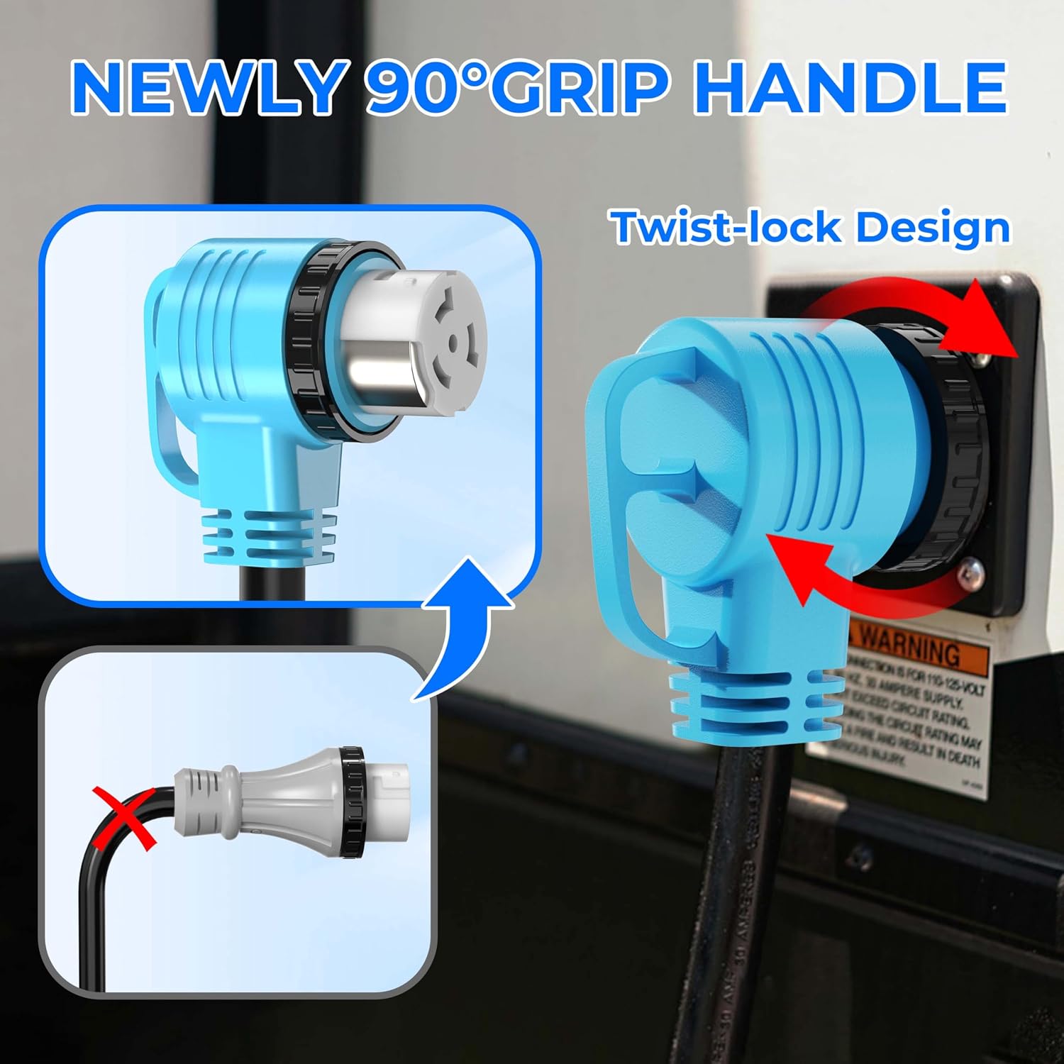 25 Feet 50 Amp RV/Generator Cord, 100% Copper Wire, Newly Designed 90°Grip Handle, NEMA 14-50P to SS2-50R Twist Lock, 6/3+8/1 Gauge STW Wire, ETL Listed