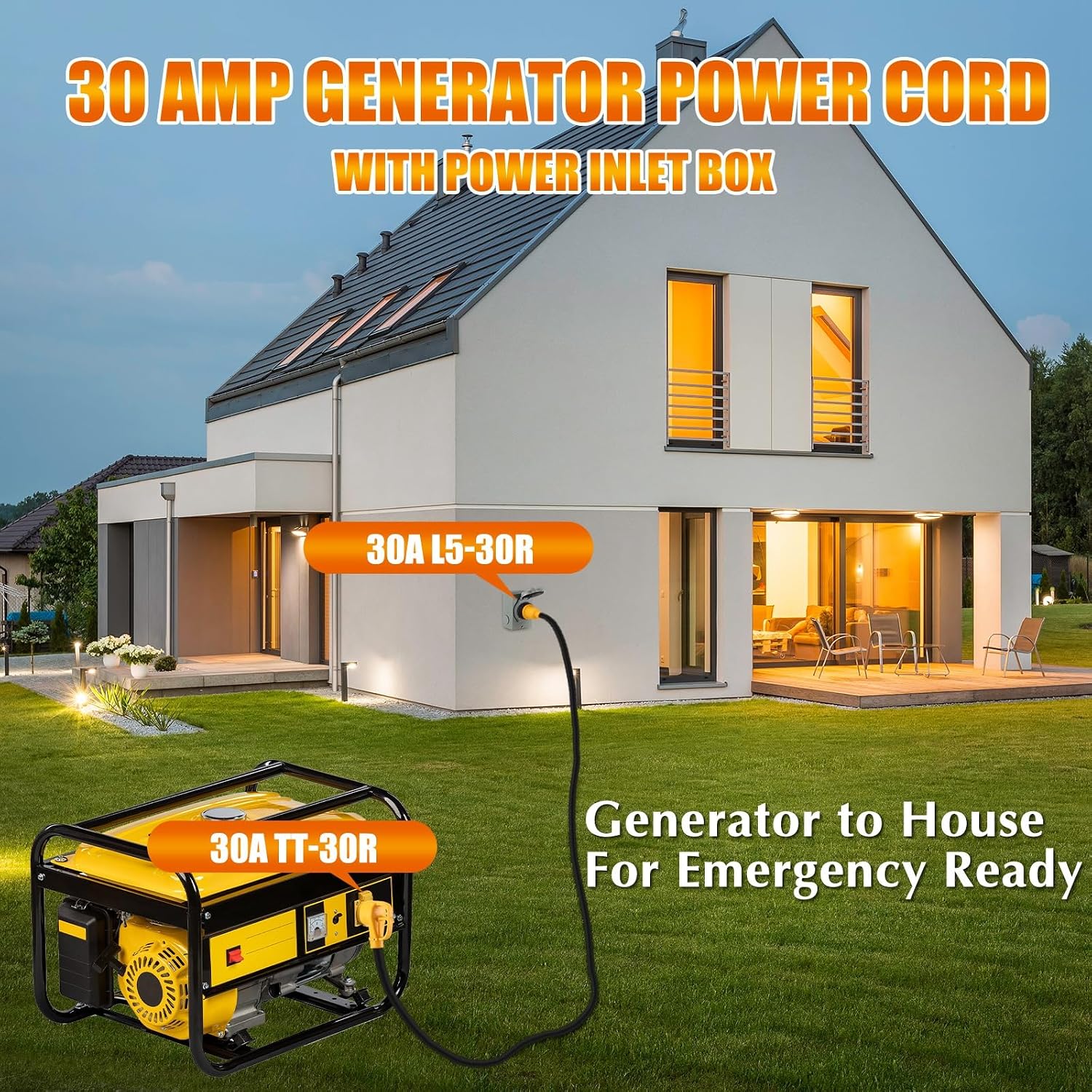 Kanayu 25FT 30 Amp RV Generator Cord and Power Inlet Box Compatible with NEMA TT-30P to L5-30R Lock Generator Extension Cord with LED Indicator Pre-Drilled L5-30P Generator Inlet Box, ETL Listed