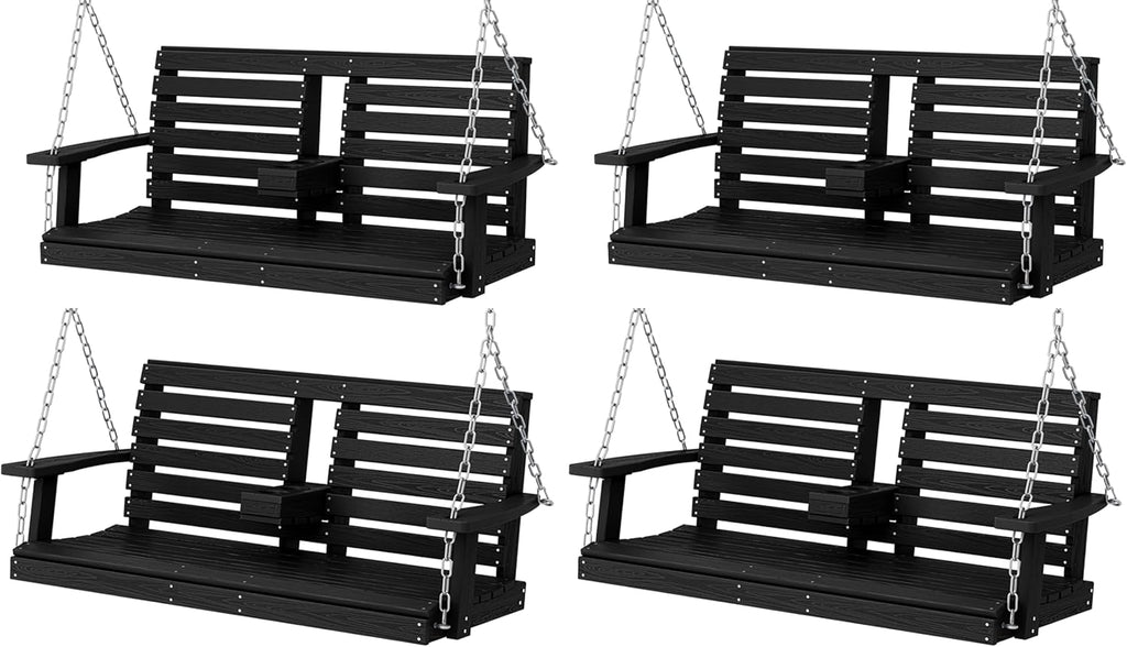 KINGYES Outdoor Hanging Porch Swing Set of 4, 2 Seat Patio Chair With Cup Holders, Waterproof Bench for Courtyard & Garden, 660LBS Weight Capacity, Black