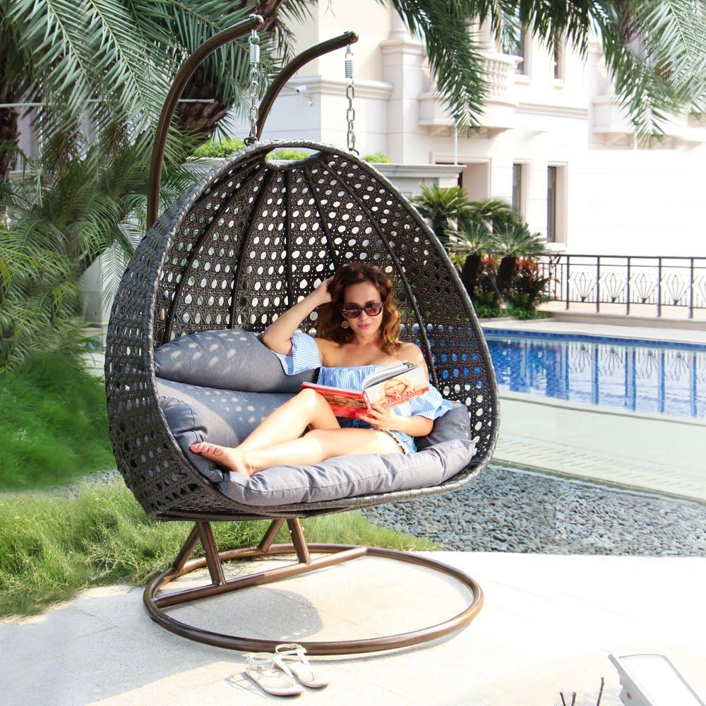 Island Gale® Luxury 2 Person Wicker Swing Chair ((2 Person) X-Large, Charcoal Rattan/Charcoal Cushion)